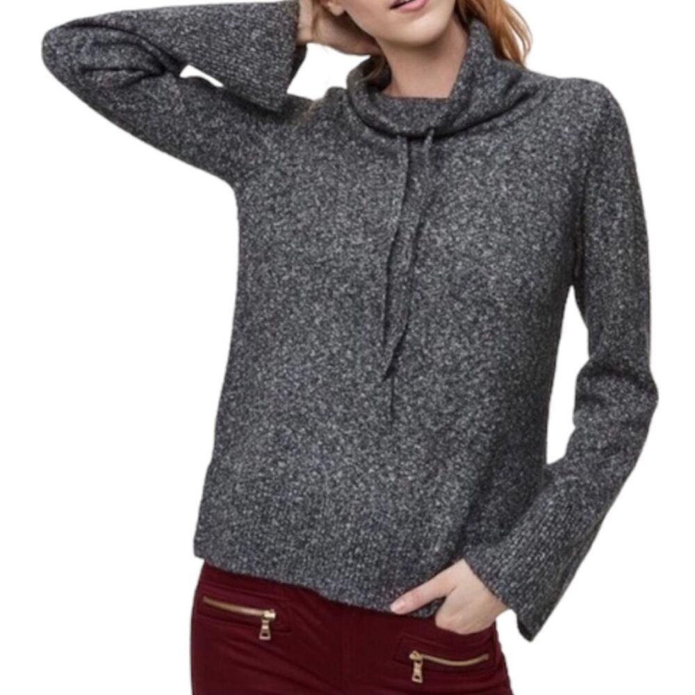 LOFT Marbled Grey Cowl Neck Sweater with Drawstring Tie, Size Medium